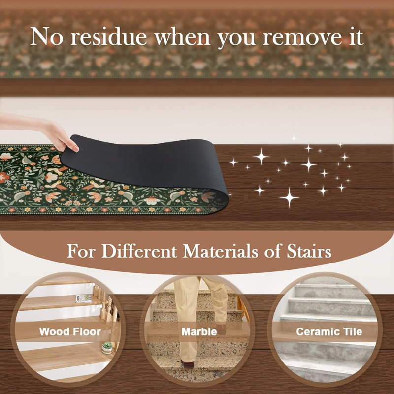Tapis d'escalier floral antidérapant 15 pièces, noir