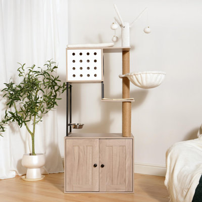 Arbre à chat avec bac à litière - maisonnette pour chat moderne avec poteaux à griffer, bol d'alimentation et bâtons de pompons amovibles
