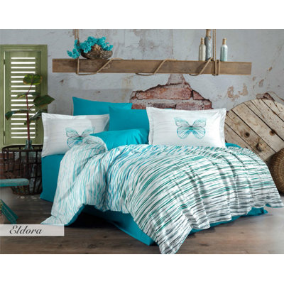 Ensemble de housse de couette double Luxury Poplin, 100% coton, blanc et turquoise / gris, housse de couette 78,7 po x 86,6 po, drap plat 94,5 po x 102,4 po, 2 taies d'oreiller 19,7 po x 27,6 po | Lavable à la machine, fermeture à boutons, doux et respi