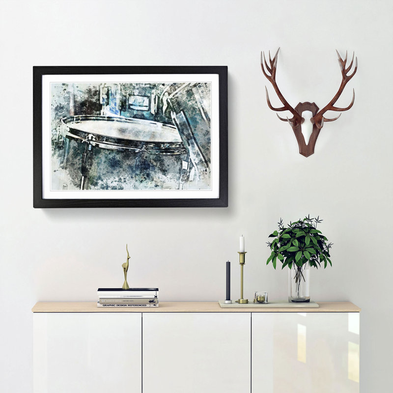 Teal Blue Drum Kit in Abstract - Framed Print, Black Framed, 62cm H x 87cm W x 2cm D