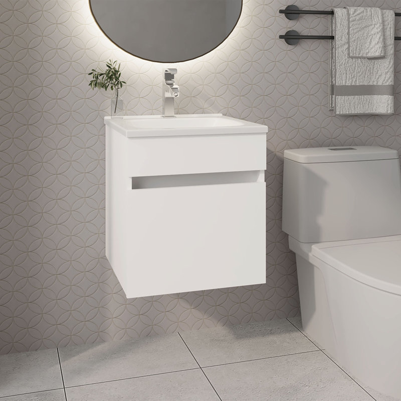 Meuble-lavabo flottant blanc avec lavabo et 1 porte, style moderne, peu encombrant, de forme rectangulaire, lavabo simple à panneau de particules, option de rangement, profil épuré,