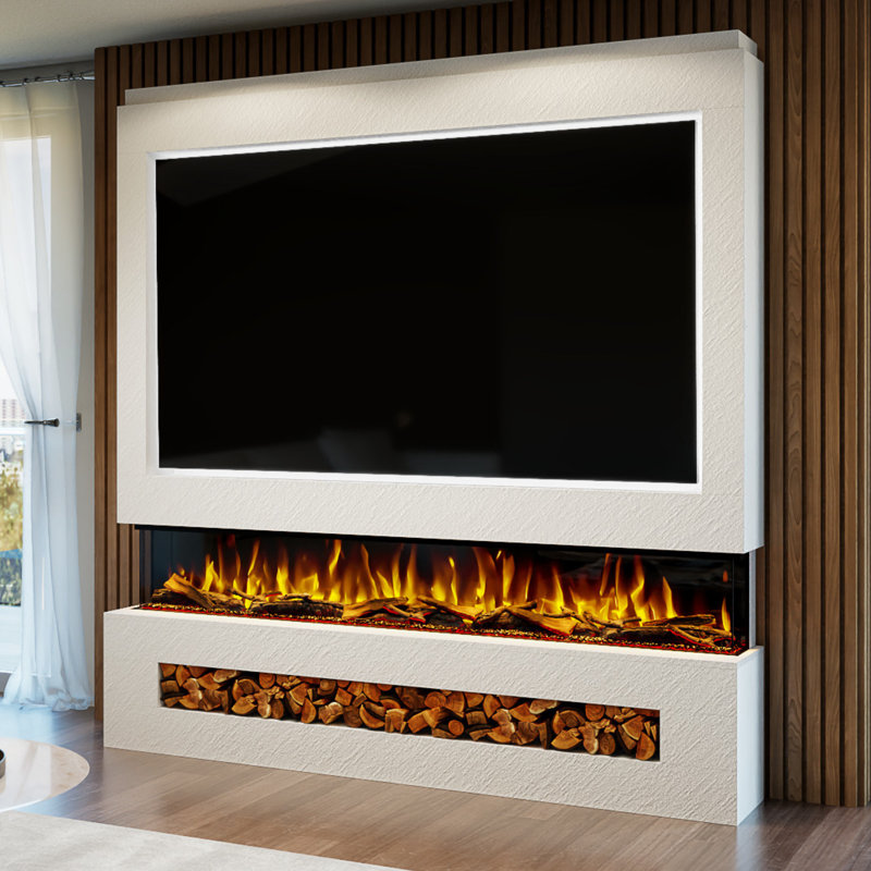 Evolution Fires Pre-Built Media Wall Package 16, finished in textured Venetian Plaster, includes Spectrum Series 82 Series 3-Sided Electric Fireplace