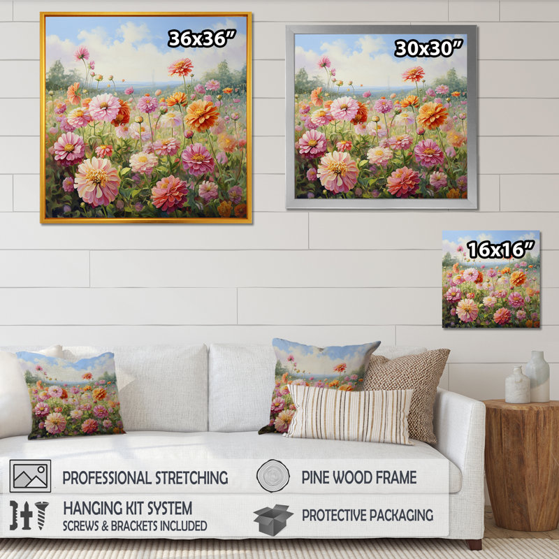 Zinnias Charm In Summer, reproduction d'art sur toile, H 16 po x l 16 po x P 1 po, Cadre simple argenté