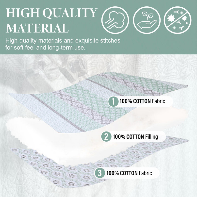 Gray and Green Reversible Cotton Queen Quilt Set