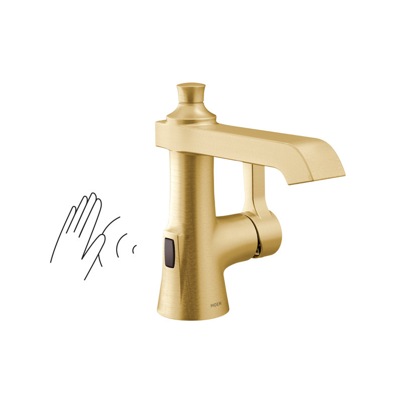 Robinet de lavabo pour salle de bain à poignée simple avec drain Moen Flara Motionsense Wave, Or brossé