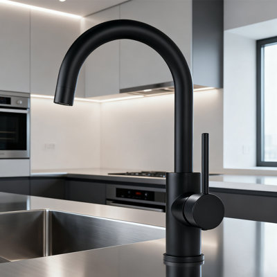 CALBASE 1 Handle 1 Hole Stainless Steel Kitchen Faucet for Sink Matte Black Hot and Cold Water valve 360° degree rotation with Aerator, Bar Faucet