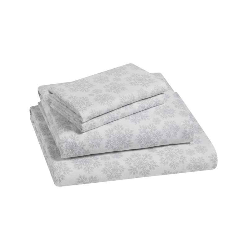 Ensemble de draps en flanelle de coton 4 pièces Snowflake, Argent, Ensemble de draps pour taille de lit grand avec dr