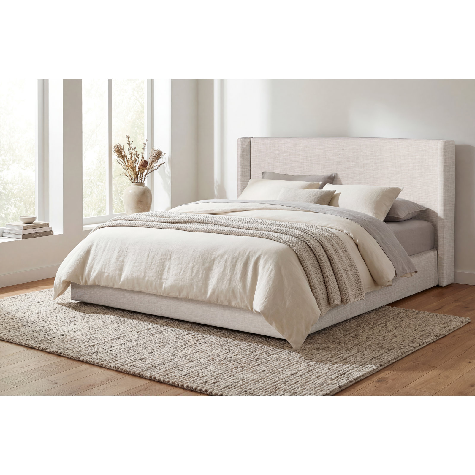 Nordic Upholstered Wingback Bed, White Linen, King