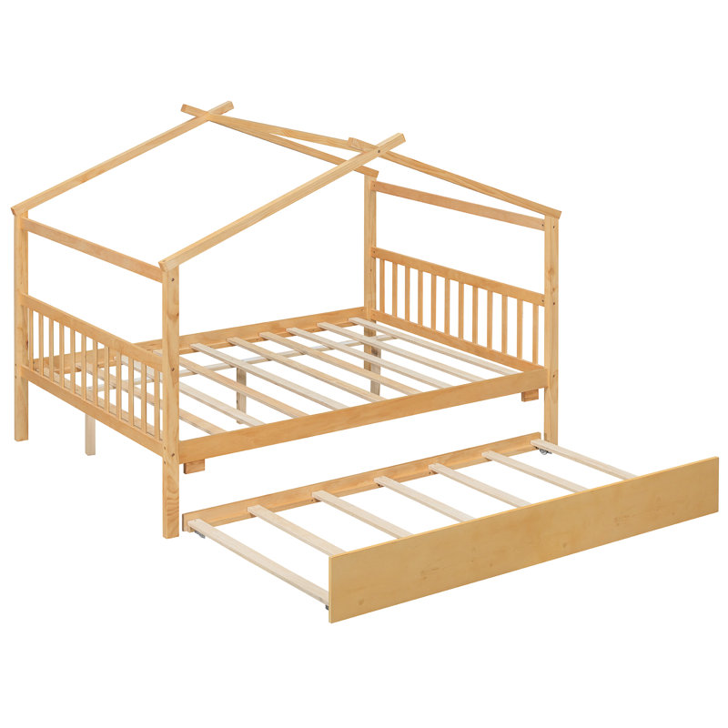 Lit double naturel avec lit gigogne simple, structure, 2 têtes de lit, matériau en bois de pin idéal pour dormir, maximiser l'espace dans la chambre à coucher, amusant