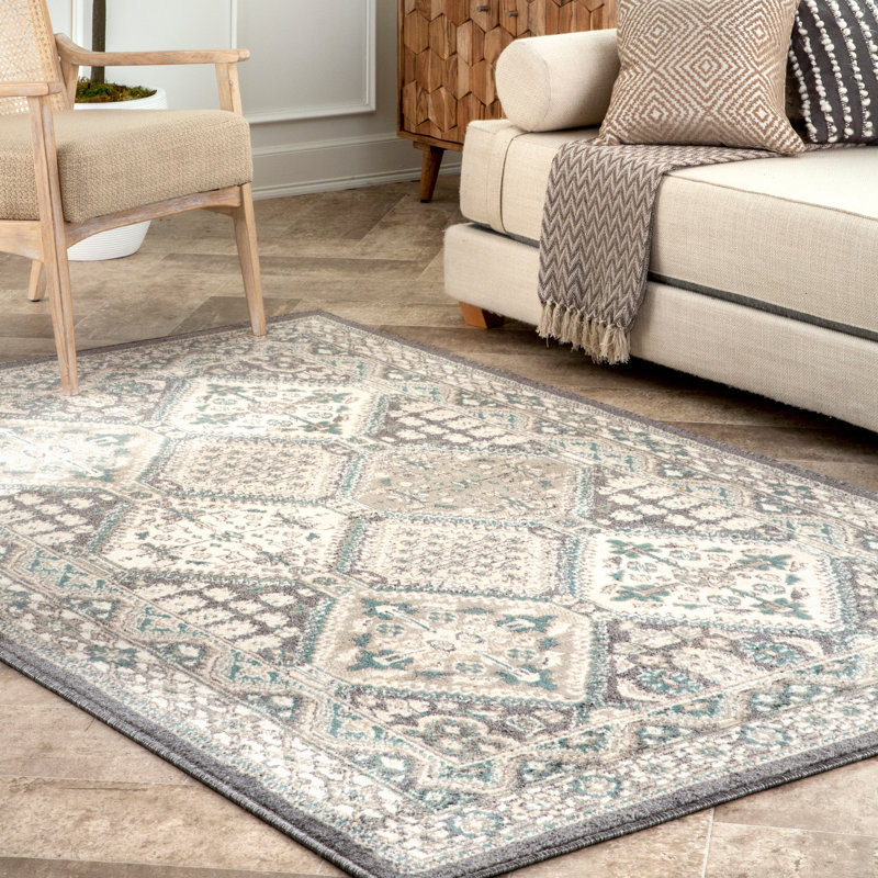 Tapis en tissu performance gris / bleu à motif carreauté traditionnel Joslyn, Rectangle 6 pi 7 po x 9 pi