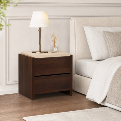 21.65'' Walnut Mid-Century 2-Drawer Nightstand with Faux Travertine Top