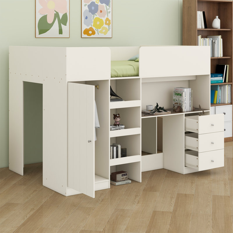 Lit mezzanine avec garde-robe intégré, bureau, tablettes de rangement et tiroirs, Beige