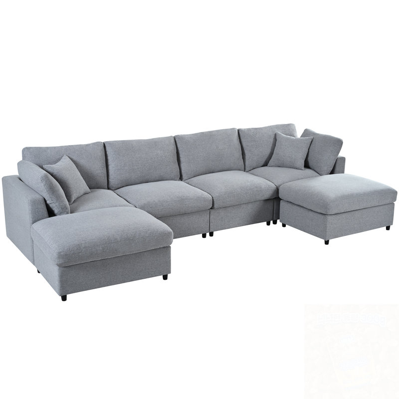 U-Shaped Sectional Sofa With 2 Movable Ottomans, Gray Chenille