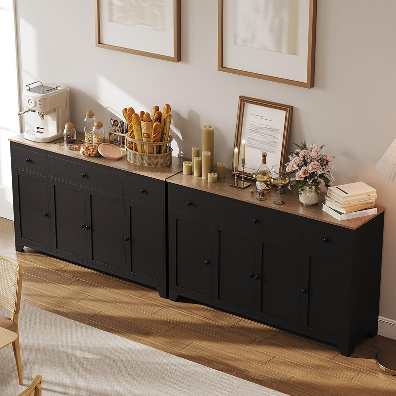 55" Large Sideboard Buffet Cabinet Farmhouse Kitchen Storage Cabinet Console Table Coffee Bar Buffet Table with Shelf, Black
