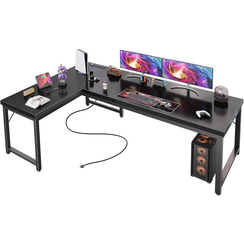 Bureau réversible en forme de L avec prises de courant et port USB-C, grand bureau d'angle et bureau de jeu avec bureau épais et structure en métal, noir