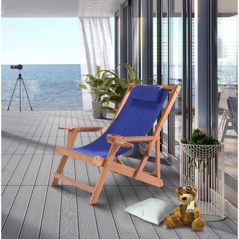 Chaise longue pliante avec coussin Moeteus, Bleu, Noyer