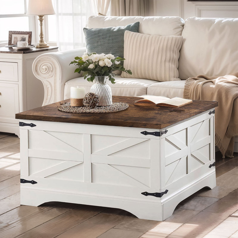 Table basse de rangement carrée avec plateau relevable Dahlquist Farmhouse, Blanc