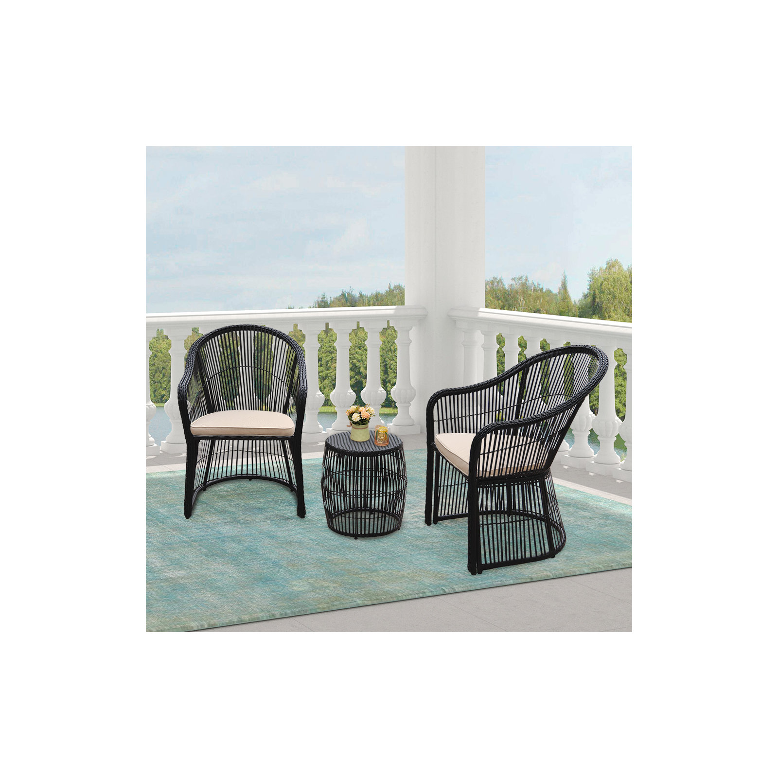 Lustig 3 Piece Rattan Seating Group with Cushions, Black