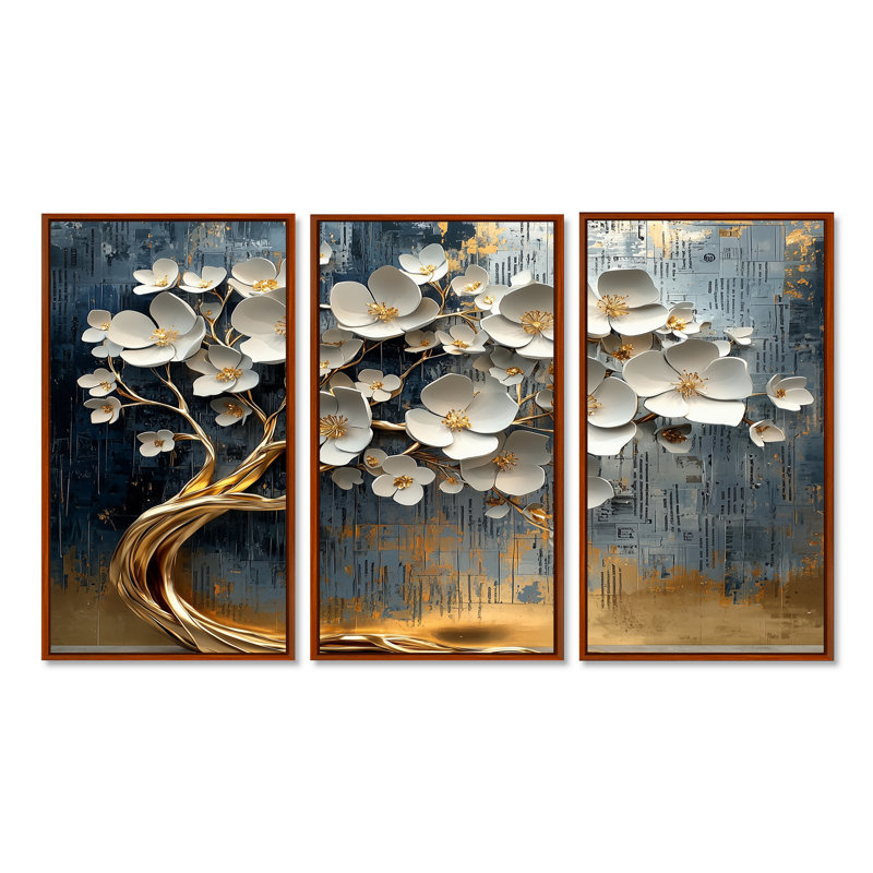 Cerisier blanc en fleurs - Ensemble d'art mural cerisier en fleurs, Toile avec cadre flottant brun