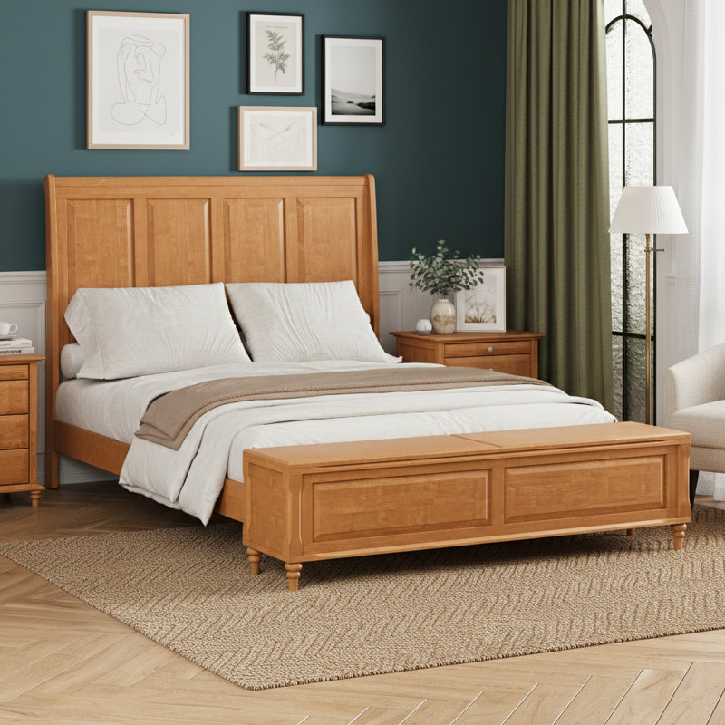 Lit-bateau haut en bois massif avec banc de rangement, pas de sommier tapissier nécessaire, Naturel, Grand lit