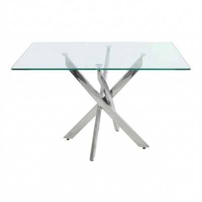 Rectangular Dining Table, 47.2 Inch Tempered Glass Kitchen Table with Silver Metal Legs, Modern Multipurpose Table for Dining Room Home Office
