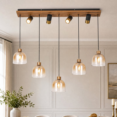 Lustre linéaire d'îlot en verre ambré à 9 lumières de 40 po avec 4 spots ajustables