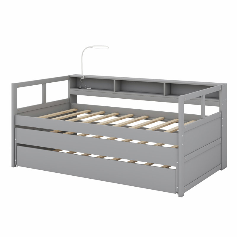 Lit de jour avec 2 lits gigognes, tablettes de rangement, 1 lumière gratuite et conception de chargement USB, Gris