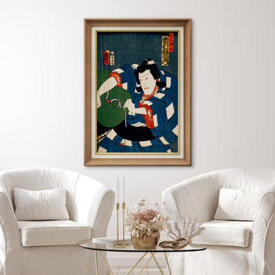 Japanese Ukiyo-e Action Scene in Blue Robe Artwork, Traditional Edo Kabuki Pictures, Framed Canvas Giclee Print Wall Art