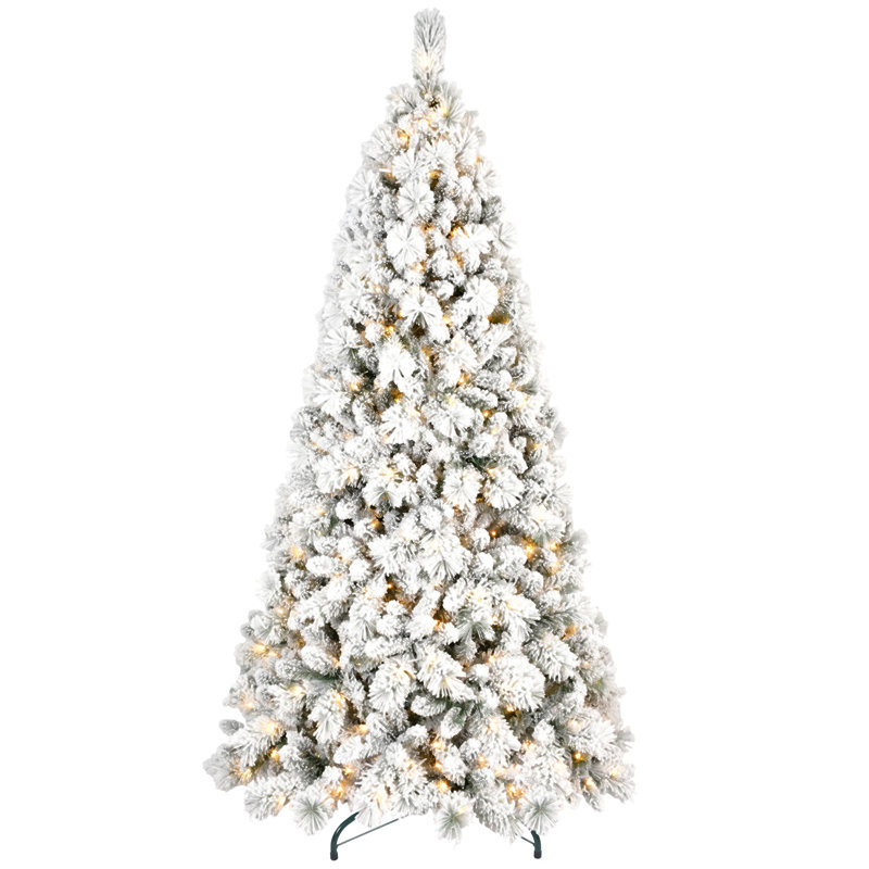 Arbre de Noël floqué avec lumières à DEL blanc chaud - pointes, branches en PVC enneigées et aiguilles pointues, conception à charnières pour une installation facile, support en métal robuste - arbre de vacances complet et réaliste