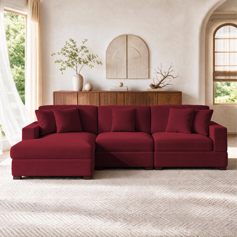 Canapé modulaire rembourré 3 pièces en velours côtelé-L, Velours côtelé rouge, Orienté à gauche (vu de face)