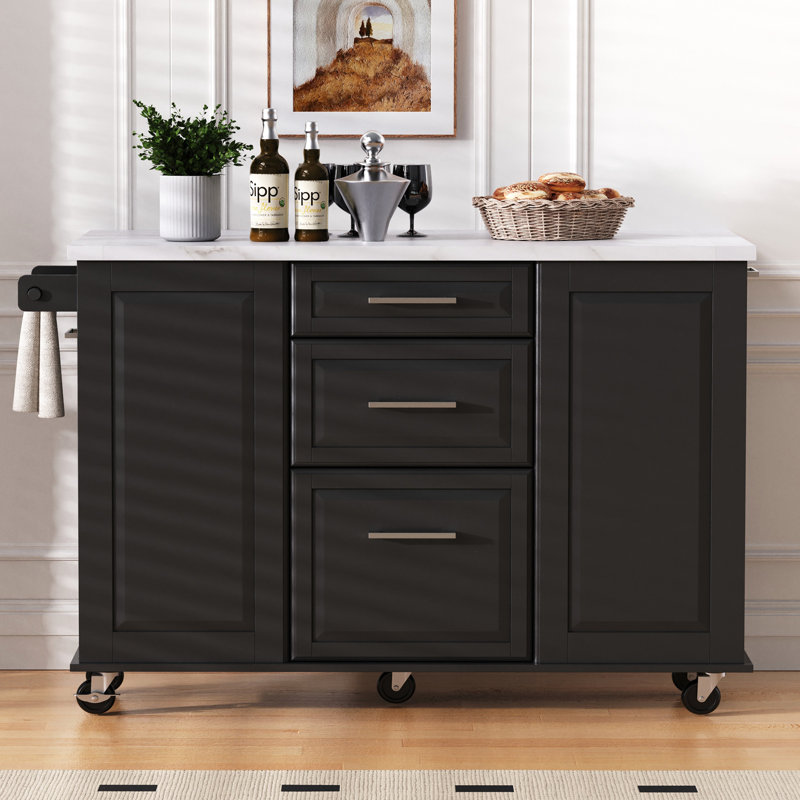 Îlot de cuisine de 50,7 po avec rangement, poubelle inclinable et organisateur de rangement escamotable, îlot de cuisine sur roulettes sur 5 roulettes avec abattant, 2 tiroirs, 1 porte