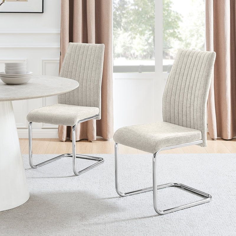 Loren Luxury Fabric Dining Chairs with Legs Upholstered Modern Design - Side Chair, Silver, Cream