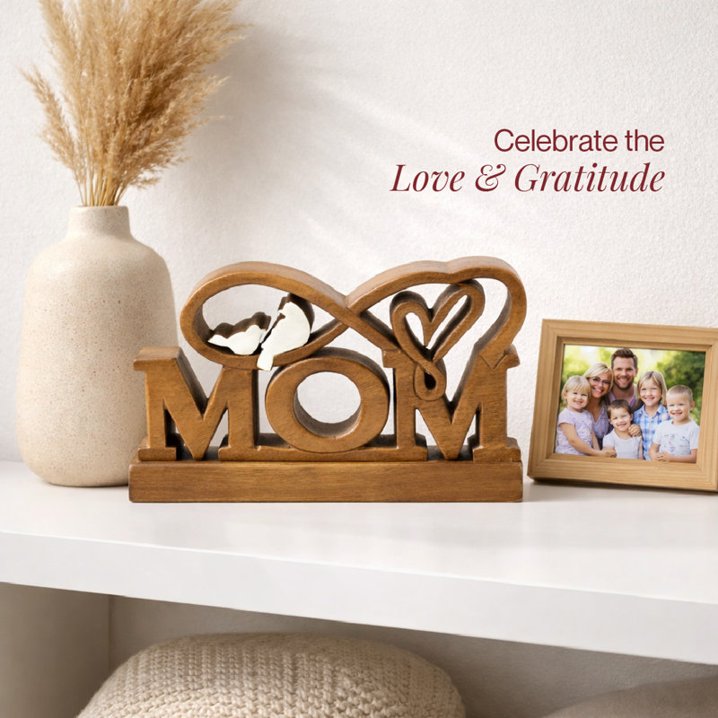 Ellanore Handmade Wooden Mom Word Sculpture with Two Birds and Love Symbol for Home Decor or Christmas Gift