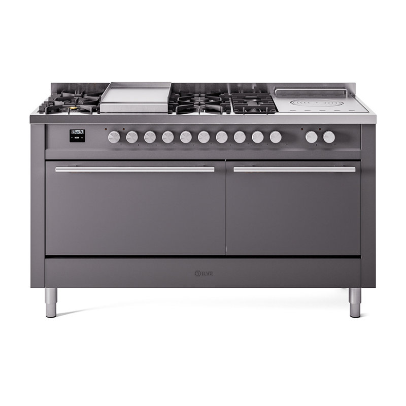 ILVE Professional Plus II 60 in Dual Fuel Range 7 Burner, Griddle, Frenchtop, Liquid Propane, Graphite Matte/Stainless Steel