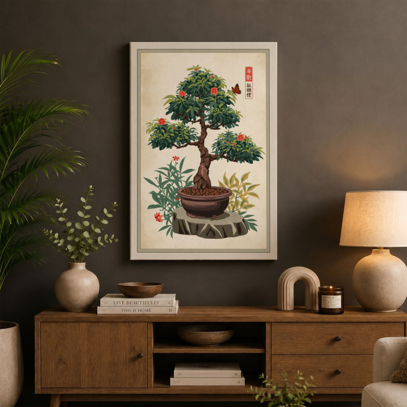 Bonsai with Attendants Japandi - Wrapped Canvas, 36x24 - 91.4 x 61.0 cm, Taupe Border