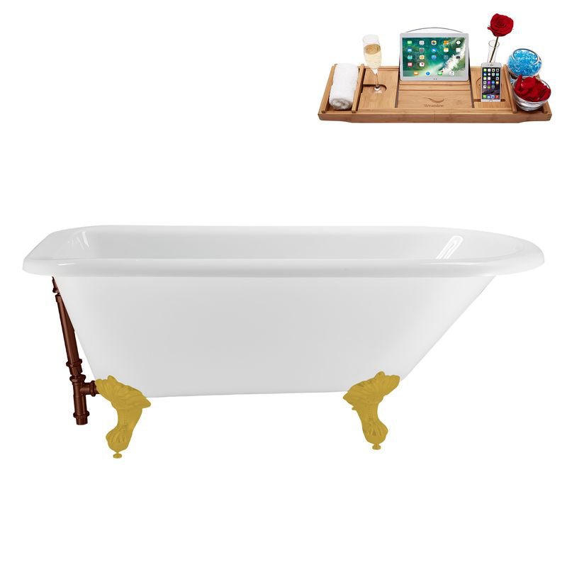 62" Streamline Clawfoot Tub,Tray,Drain, Clawfeet, Brushed Gold, Matte Oil Rubbed Bronze
