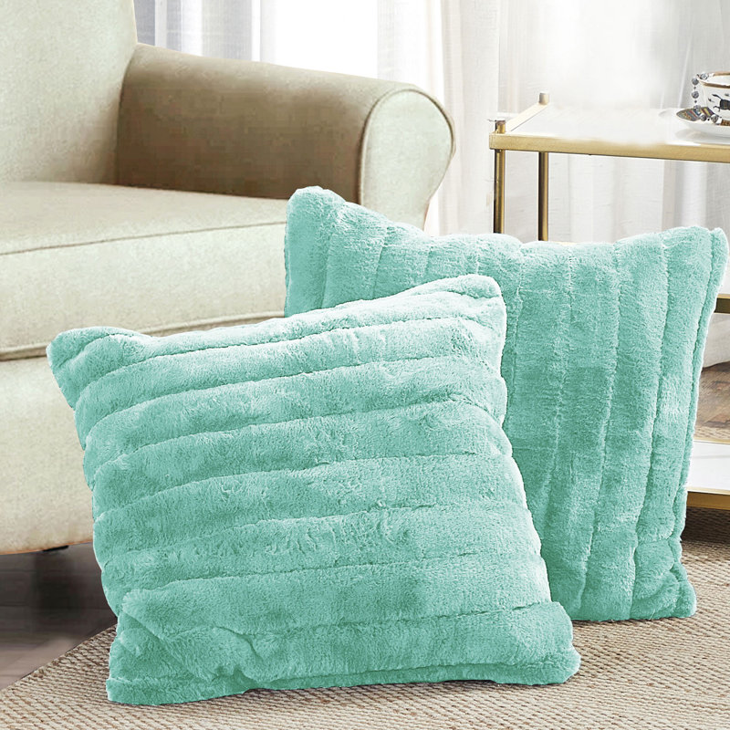 Bleached Aqua Faux Fur and Sherpa Euro Pillow Covers Set