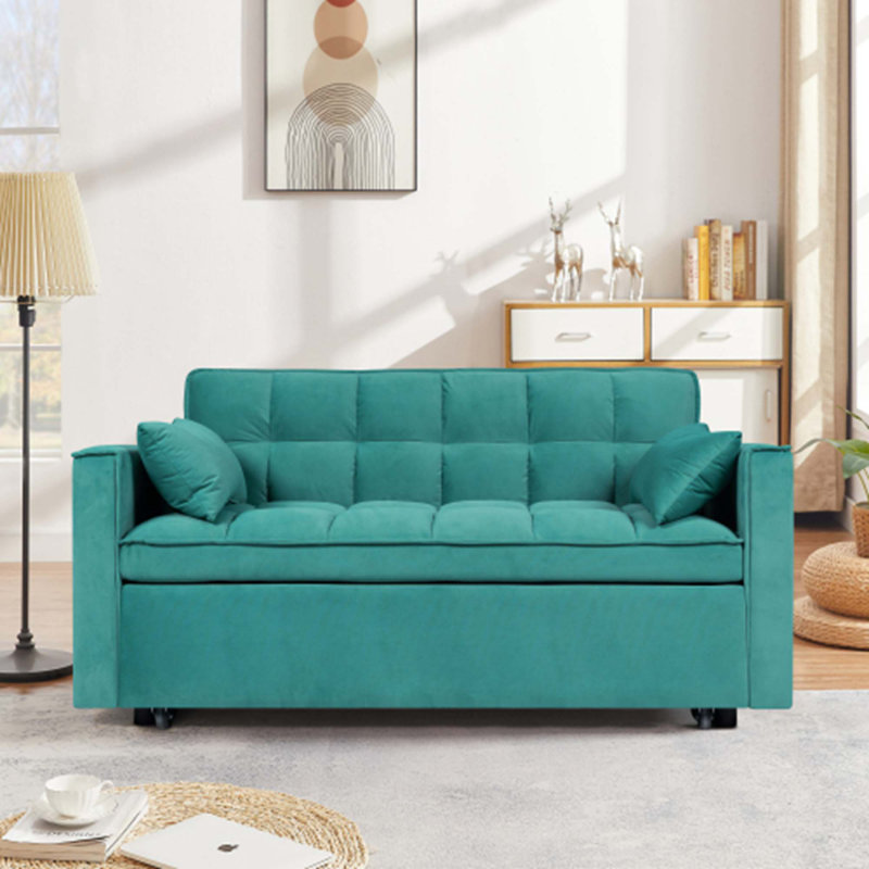 Collinward 53" W Murphy Sofa Bed Loveseat with Adjustable Tufted Back and USB Outlet, Teal Velvet 2, 31" H x 54" W x 38" D