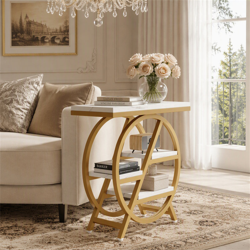 Table de bout à 4 niveaux, petite table d'appoint avec tablettes de rangement, Blanc / doré, Blanc, Doré