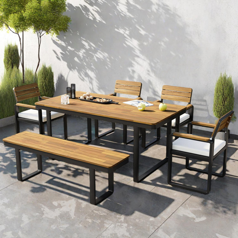 Ensemble de salle à manger 6 pièces en bois d'acacia avec table, 4 chaises rembourrées et banc pour la cour, Beige