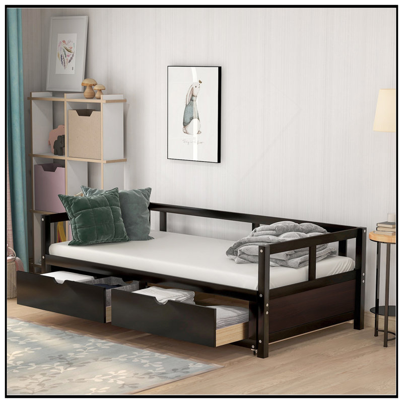 Lit de jour en bois robuste avec lit gigogne et rangement, extensible pour une utilisation polyvalente, Espresso