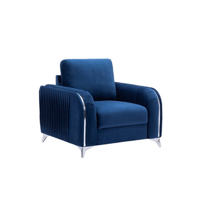 Chaise d'appoint bleue avec pieds en métal et garnitures chromées