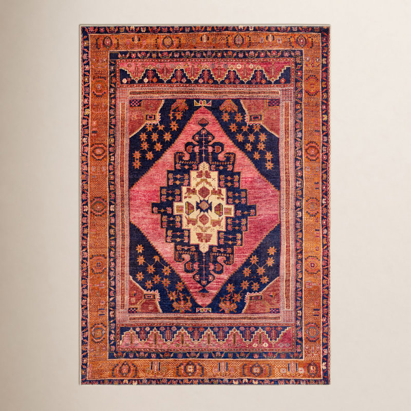 Tapis oriental bleu foncé / rose lavable à la machine Westlake, Rectangle 8 pi 10 po x 12 pi