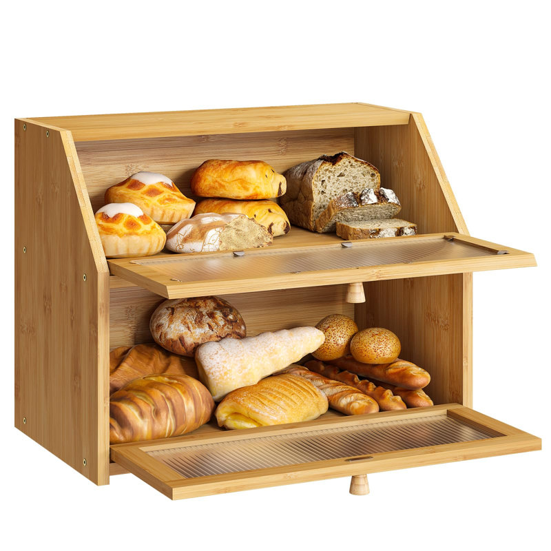 Boîte à pain à double couche pour comptoir de cuisine, grande boîte à pain pour comptoir de cuisine, bac de rangement en bambou (naturel)