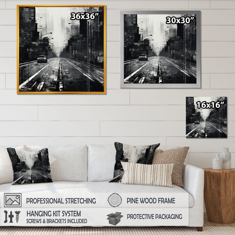 «Cityscape Road Expression I» sur fond noir et blanc, Cadre flottant doré, H 30 po x l 30 po x P 1 po