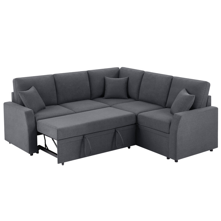 Sofa Bed, Sleeper Sofa with Pull Out Bed & Storage Seat, L Shape Sofa for Living Room, Beige Linen