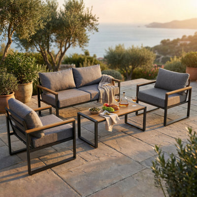 4-Piece Steel Outdoor Patio Conversation Set, 4-Person Patio Furniture Set with Coffee Table for Backyard