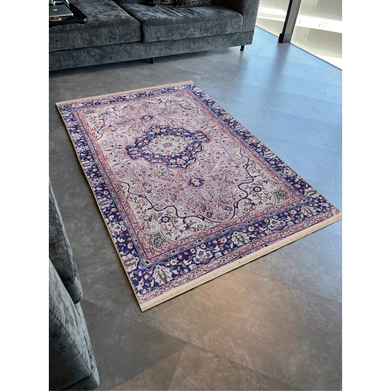 Tapis décoratif rétro à motifs traditionnels Poudre-Bleu marine, Rectangle 3 pi 11,24 po x 5 pi 10,87 po