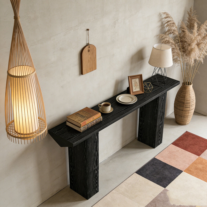 Table d'entrée longue en bois avec canapé