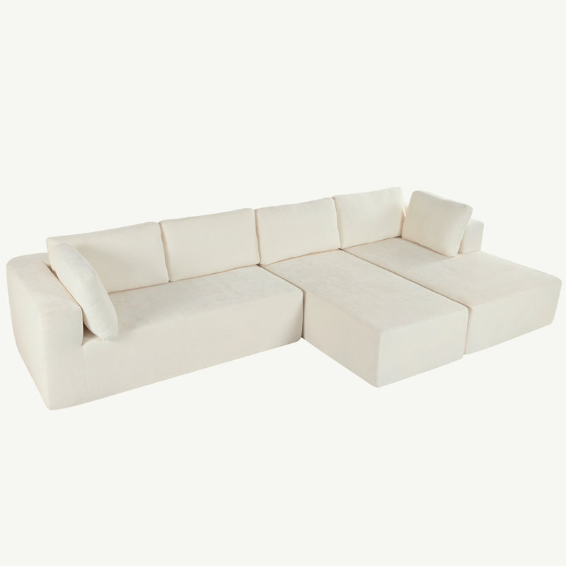 Beige Modular Three-Piece Fabric Sectional Sofa with Ottoman